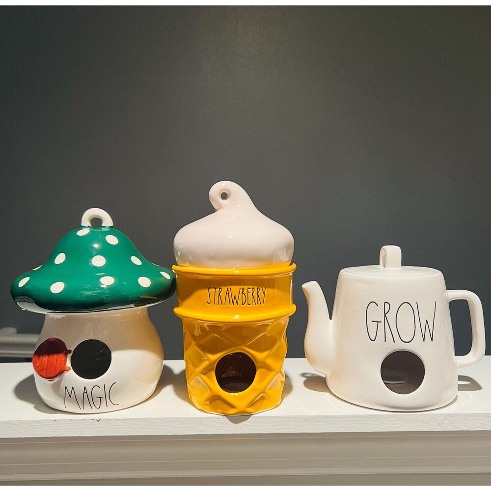 Rae Dunn Birdhouse Set: Magic Mushroom, Strawberry Cone, Teapot